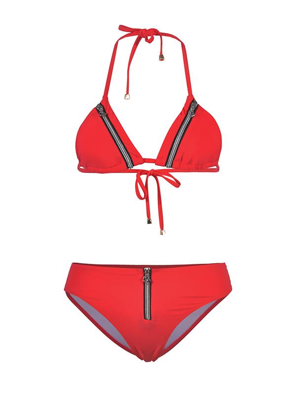 Plain Zipper Spaghetti Strap Bikini Swimsuit