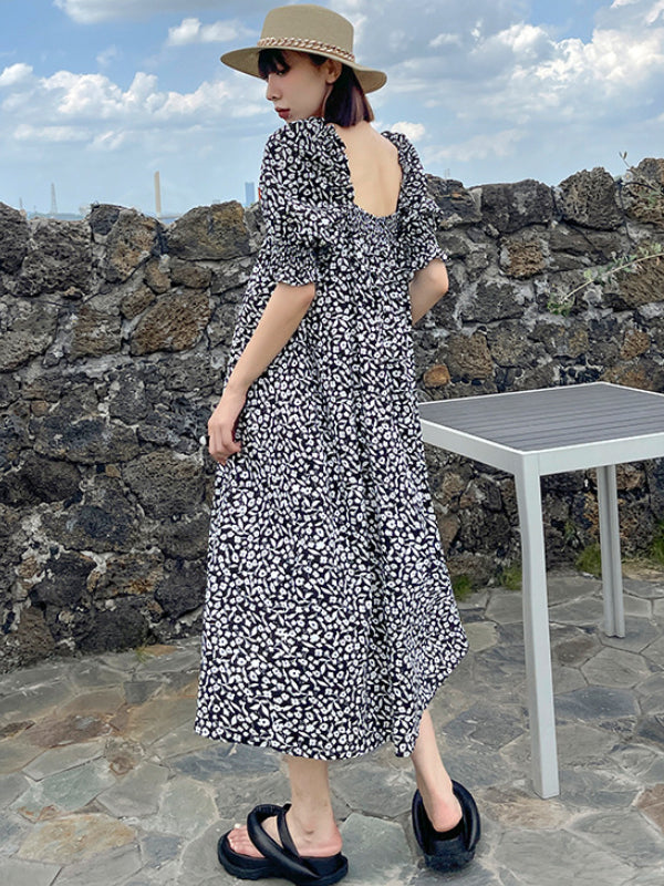 Fashion Floral Printed Square-Neck Puff Sleeves A-Line Midi Dress