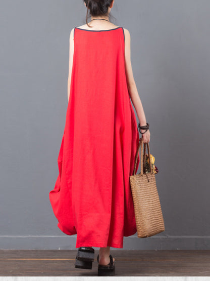Loose Floral Ramie Cotton Cropped Hemline Maxi Dress