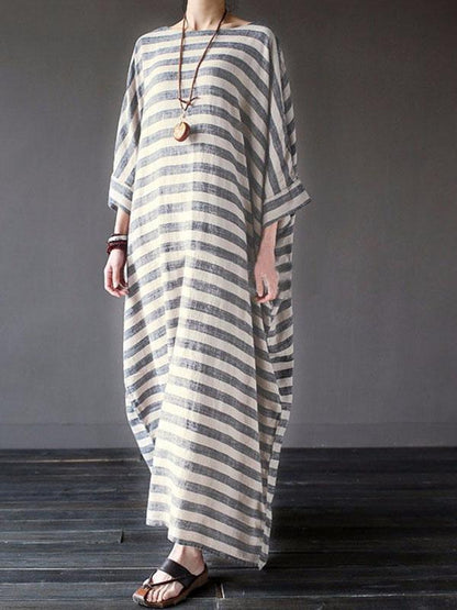 Retro Striped Loose Ramie Cotton Maxi Dress