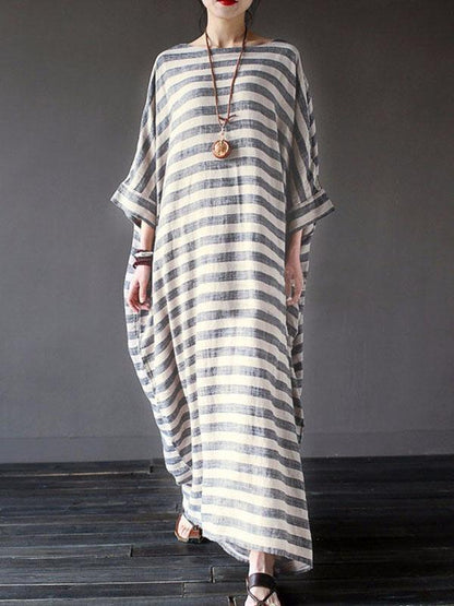Retro Striped Loose Ramie Cotton Maxi Dress