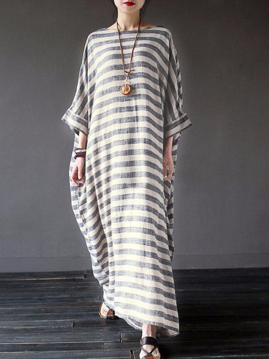 Retro Striped Loose Ramie Cotton Maxi Dress
