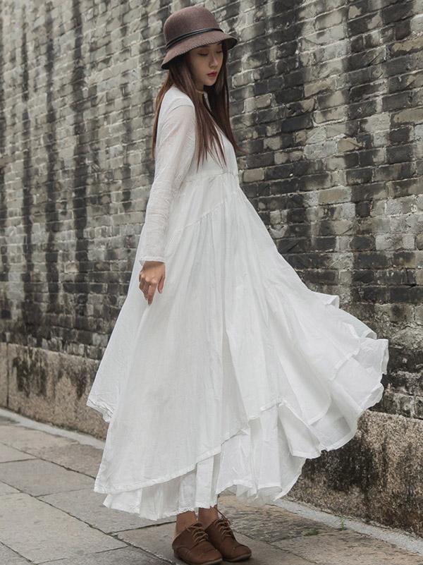 Cotton Solid Split-joint Ramie Cotton Big Hemline Long Dress