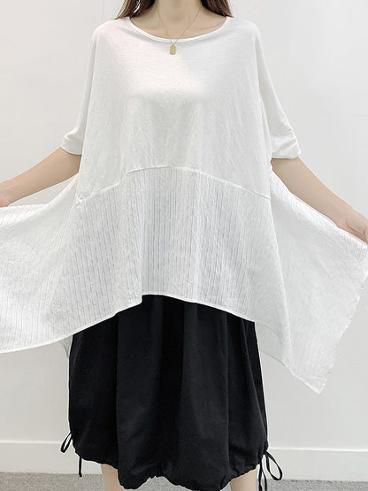 Stylish Cropped Split-Joint Striped Batwing Sleeves Split-Side T-Shirt