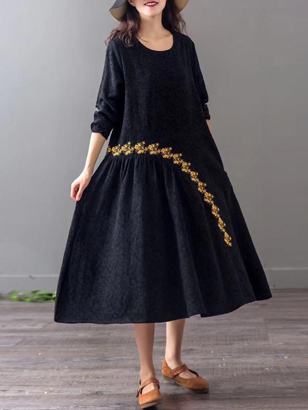 Loose Jacquard Embroidered A-line Long Dress