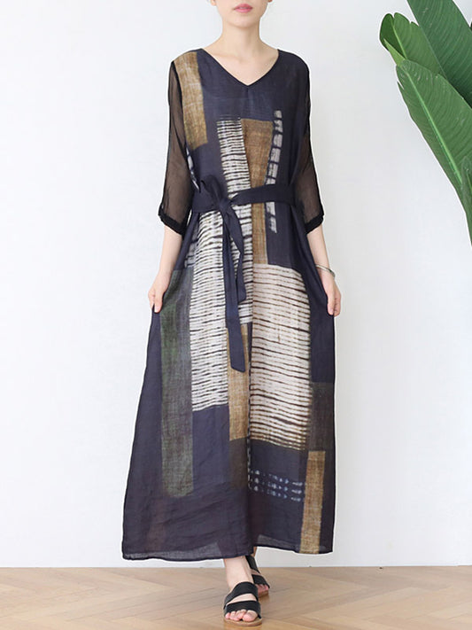 Vintage Split-Joint Color-Block V-Neck Tied Loose Maxi Dress
