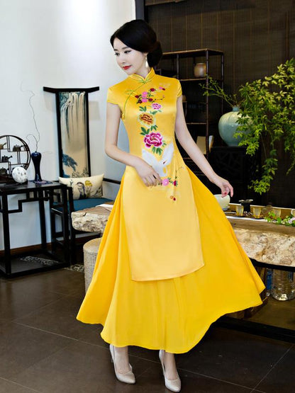 Yellow Peony Print Split-side Ao Dai Long Cheongsam
