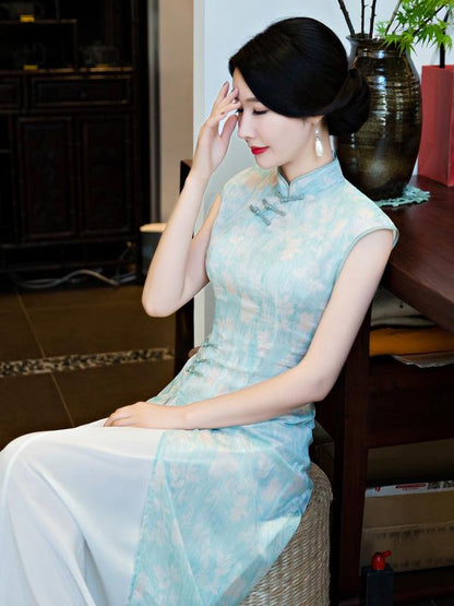 Chiffon Blue&Pink Split-side Ao Dai Cheongsam