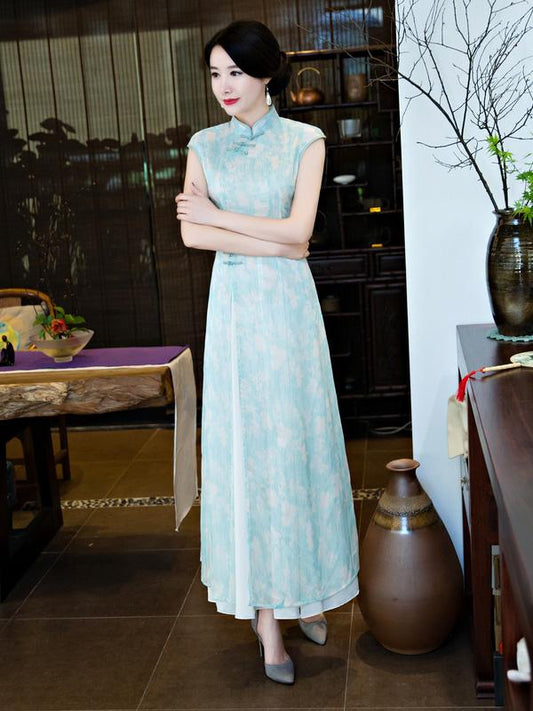 Chiffon Blue&Pink Split-side Ao Dai Cheongsam