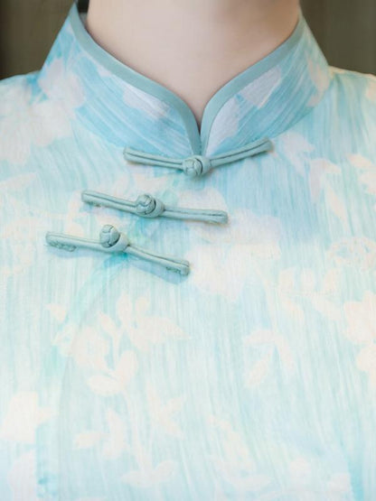 Chiffon Blue&Pink Split-side Ao Dai Cheongsam