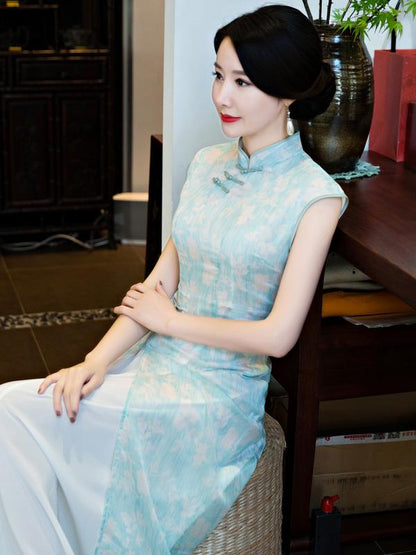 Chiffon Blue&Pink Split-side Ao Dai Cheongsam