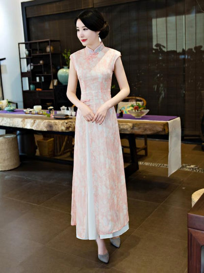 Chiffon Blue&Pink Split-side Ao Dai Cheongsam