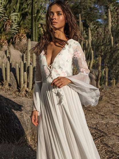 Printed Bandage Waisted Flared Sleeve Evening Dress