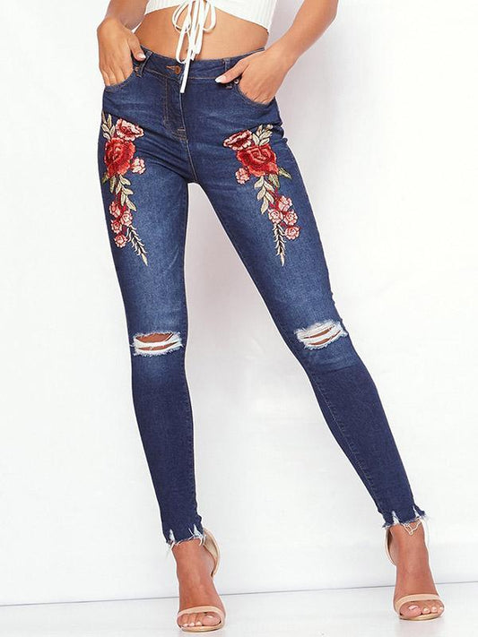Fashion Embroidered Ripped Jean Pants Bottoms