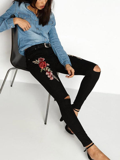 Fashion Embroidered Ripped Jean Pants Bottoms