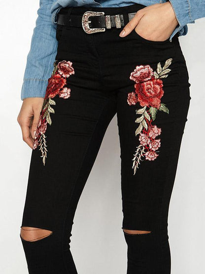 Fashion Embroidered Ripped Jean Pants Bottoms