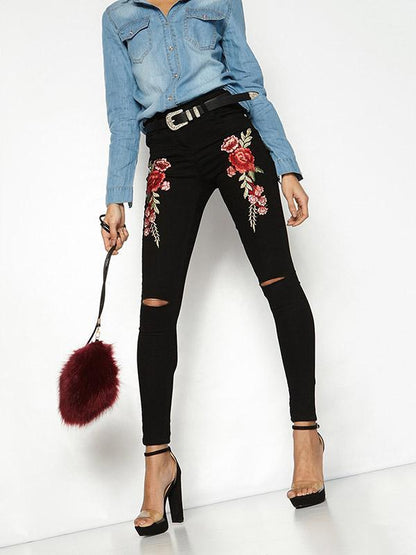 Fashion Embroidered Ripped Jean Pants Bottoms