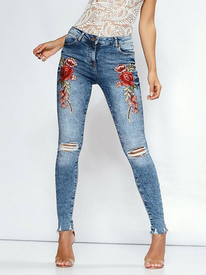 Fashion Embroidered Ripped Jean Pants Bottoms