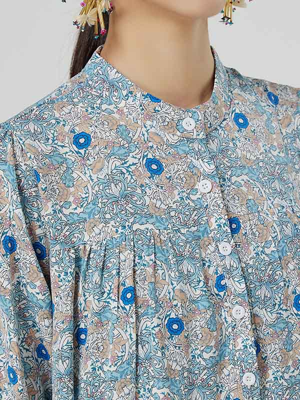 Original Buttoned Floral Printed Stand Collar Long Sleeves Loose Midi Dress