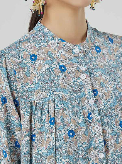 Original Buttoned Floral Printed Stand Collar Long Sleeves Loose Midi Dress