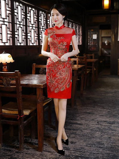 Red Phoenix Embroidered See-through Short Cheongsam