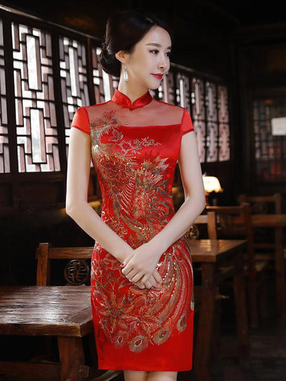 Red Phoenix Embroidered See-through Short Cheongsam
