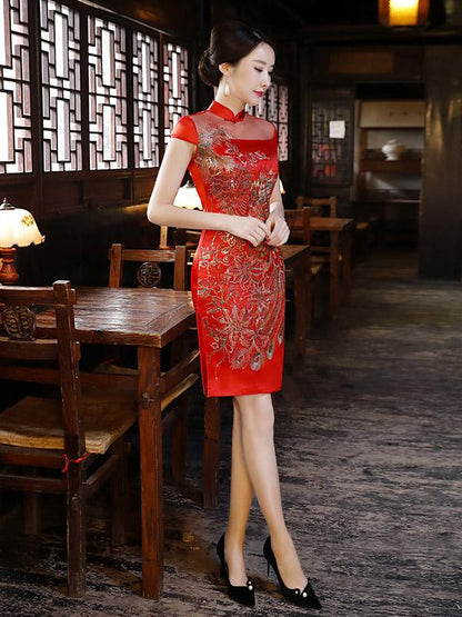 Red Phoenix Embroidered See-through Short Cheongsam