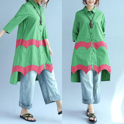 Women Vintage Casual Splicing Summer Irregular Green Shirt