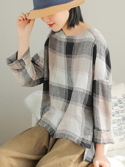 Ramie Cotton Plaid High-low Loose Fresh Shirt Top