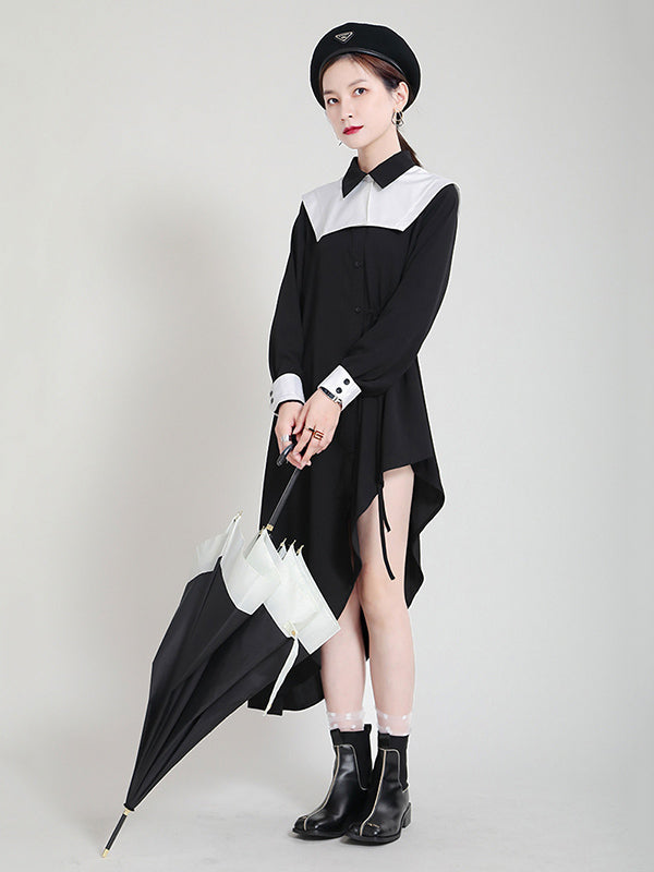 Original Irregular Split-Joint Buttoned Tied Lapel Collar Long Sleeves Midi Dress