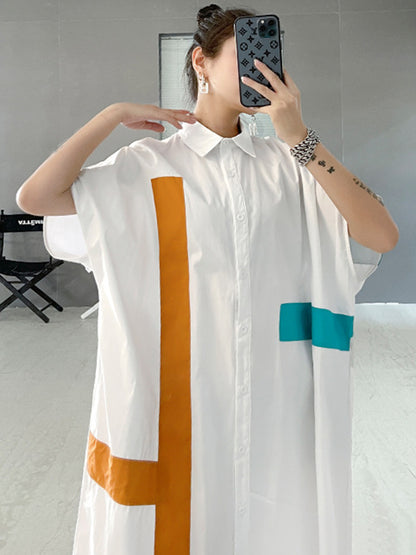 Original Loose Contrast Color Striped Printed Midi Shirt Dress