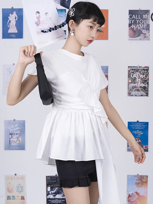 Fashion White Pleats Asymmetric Split-Joint Round-Neck T-Shirts Top