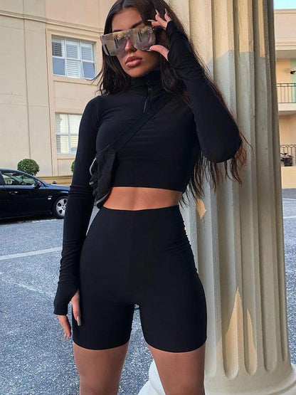 Solid Zipper Long Sleeves Tops And Shorts Suits