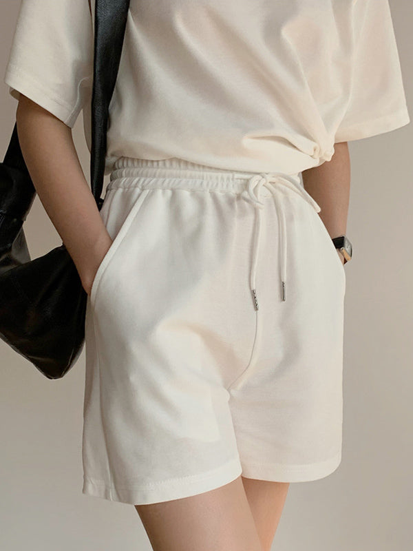 Casual Drawstring Elasticity Waist Solid Wide-Leg Shorts