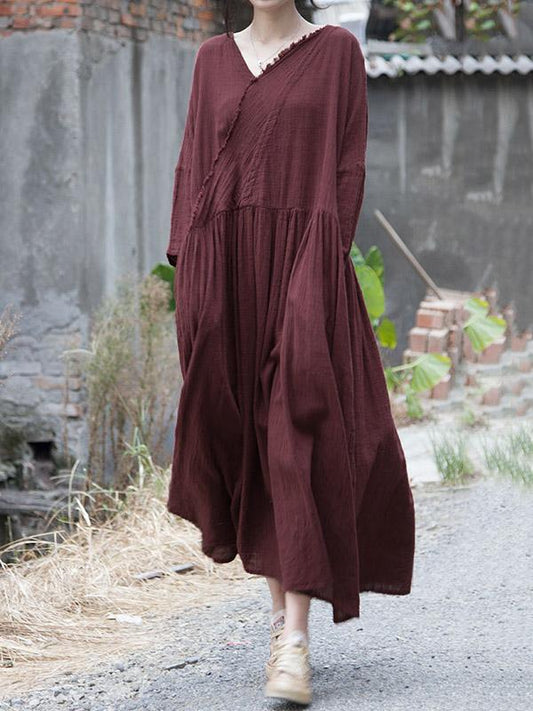 Ramie Cotton V-neck Loose Vintage Solid Midi Dresses