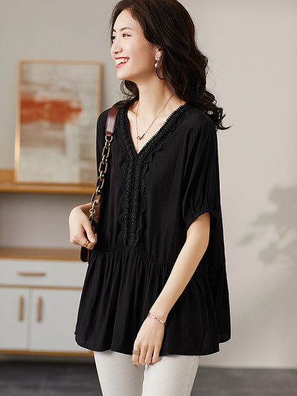 Casual Solid Color Split-Joint Lace Pleated Beaded V-Neck Elasticity Short Sleeves T-Shirt