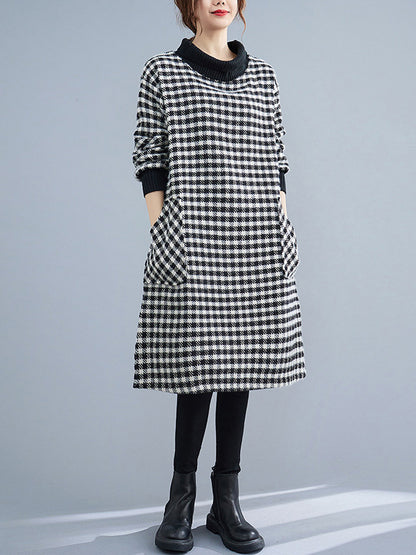 Casual Loose Plaid With Pocket High-Neck Long Sleeves Midi Dress
