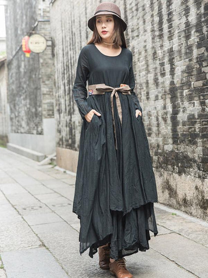 Cotton Solid Split-joint Ramie Cotton Big Hemline Long Dress