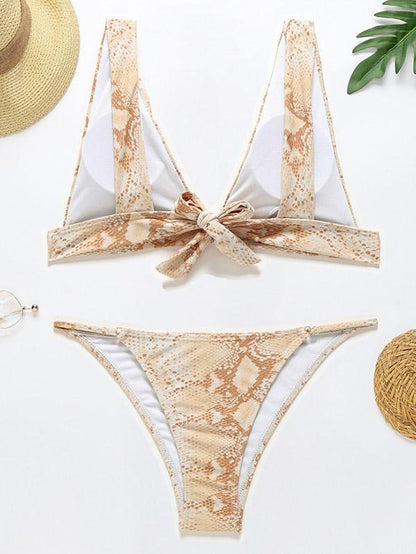 Snake-Print Deep V-Neck Split Bikini Swimsuit