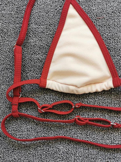 Solid Color Triangles Bandage Split Bikini Swimsuit