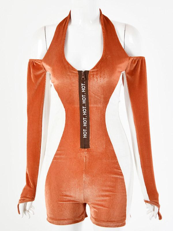 Contrast Color Long Sleeves Halter Neck Rompers