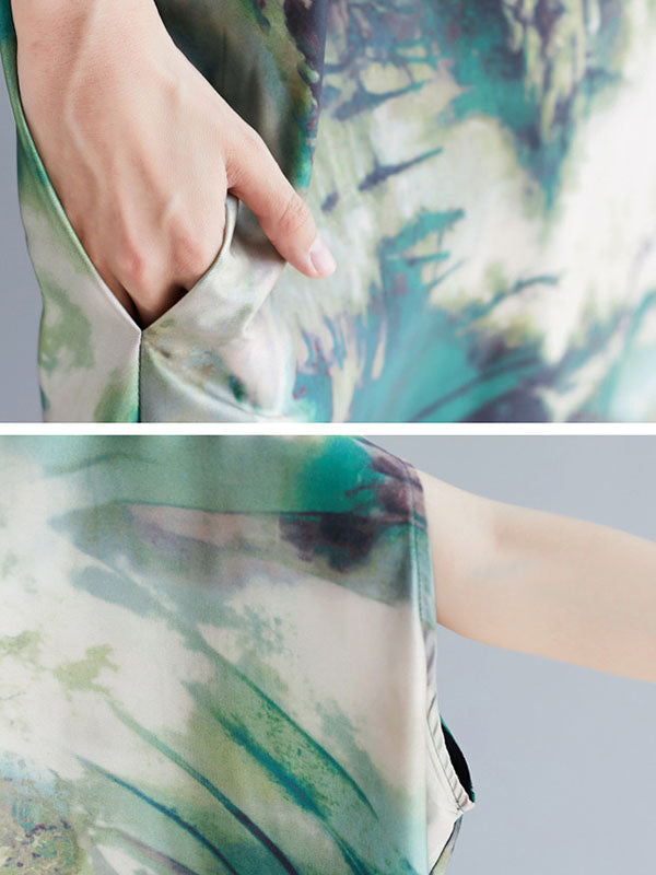 Vintage Loose Printed Batwing Sleeves Round-Neck Midi Dress