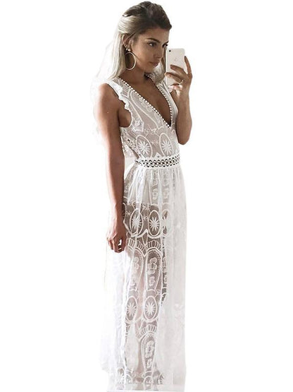 Lace Deep V-neck Backless Hollow Maxi Dress