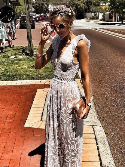 Lace Deep V-neck Backless Hollow Maxi Dress