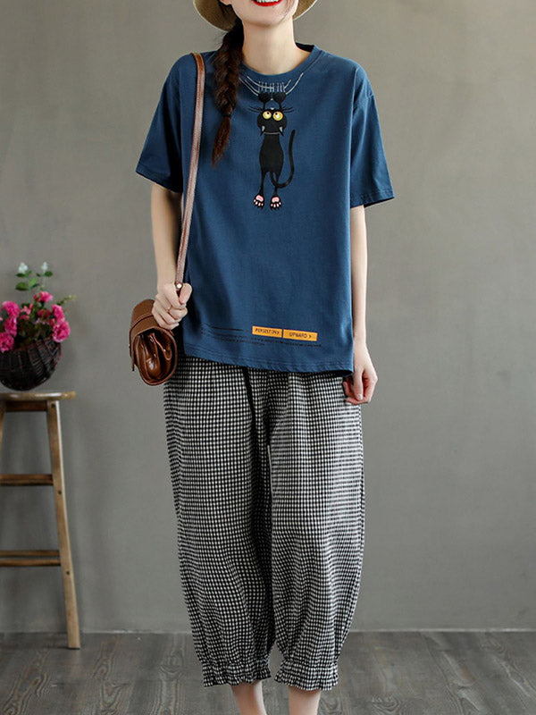 Casual Plaid Cotton Blend Capri-Pants