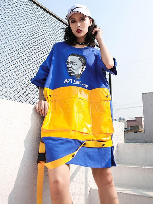 Loose Split-joint Color-block Pocket T-shirt