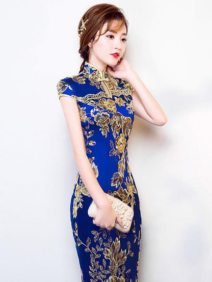 Chinese Traditional Mermaid Evening Dress in Blue Color with Floral Print