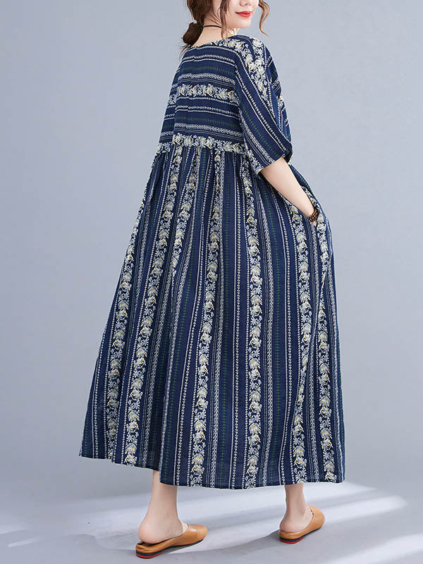 Vintage Striped Printed Round-Neck Short Sleeves Midi Dress