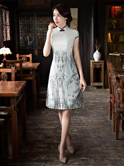Gray&Creamy Printed A-line Short Cheongsam