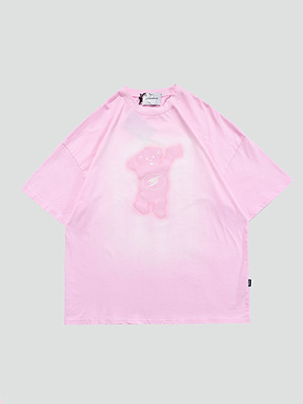 Vintage Round-Neck Bear Print Loose T-Shirts Tops